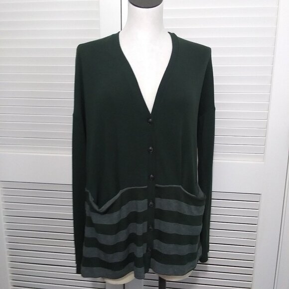 Three Dots Button Front Cardigan Green Stripe Size Medium - Picture 10 of 10